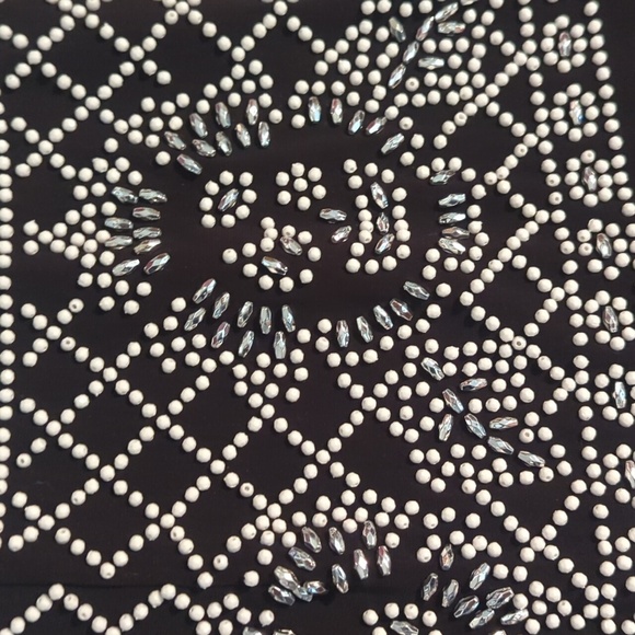 XSCAPE black knit party long sleeve sexy dress with white and clear beads sz 10 - Picture 8 of 11